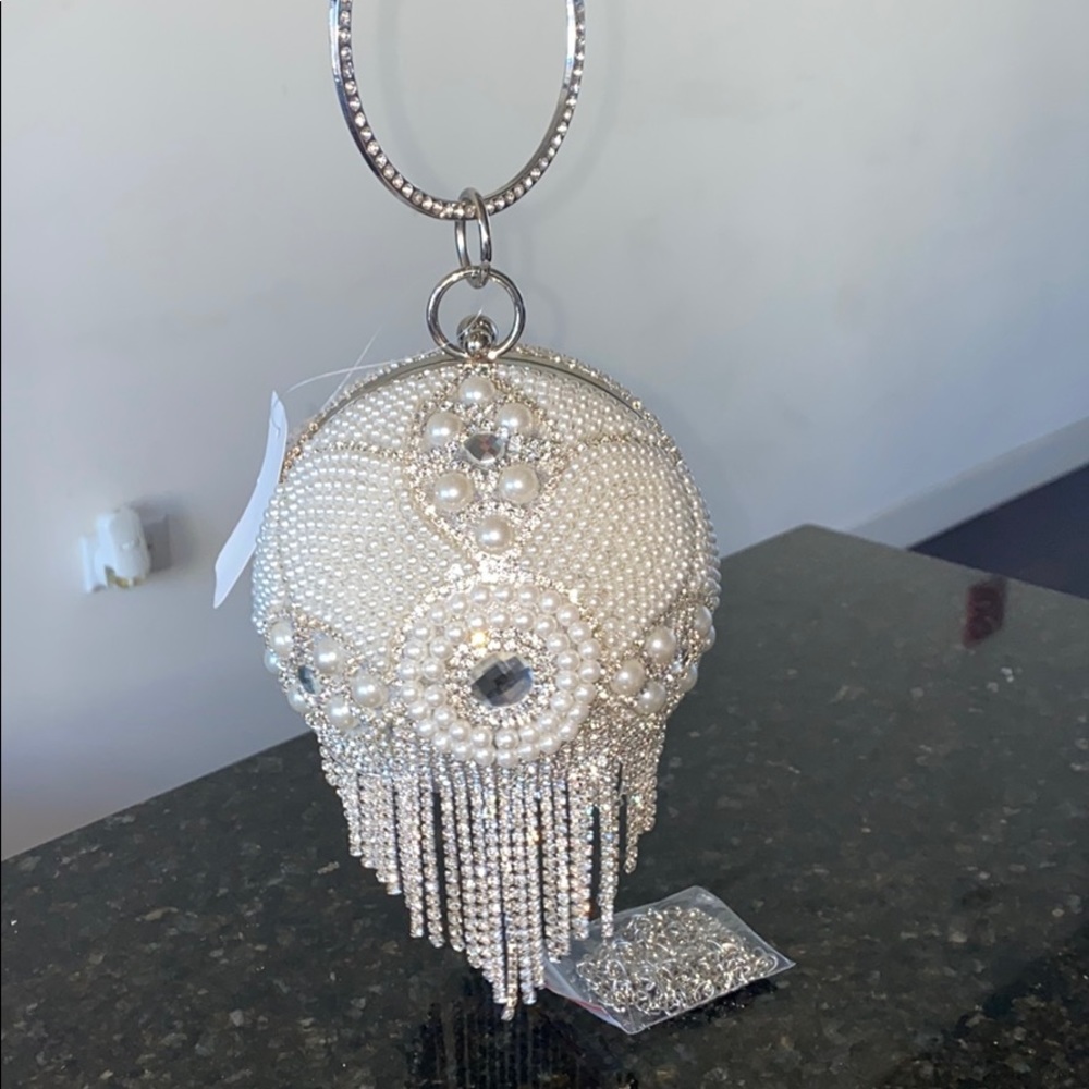 Silver & Pearl Clutch w/ Removable Chain Strap NWT